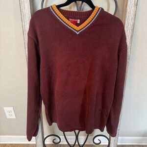 Guess V Neck Sweater Mens L Burgundy Mustard Trim Cotton Preppy
